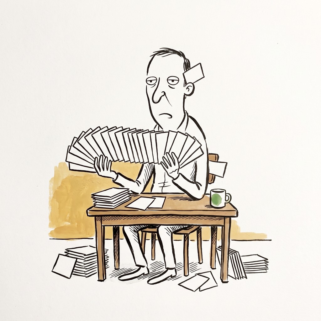 Line-drawn cartoon of a long-nosed man at a desk holding a wide fan of identical blank rectangles, with more of the same rectangles stacked on the floor and chair around him.