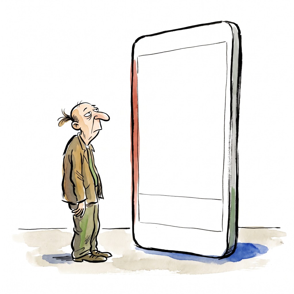 Line-drawn cartoon of a bald long-nosed man with one tuft of hair standing on end, staring up at an enormous blank phone-shaped monolith on a bare floor.