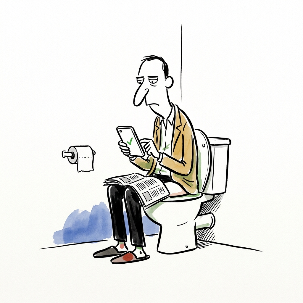 Line-drawn cartoon of a long-nosed man sitting on a lavatory in a bare white room, newspaper folded on his knee, looking without expression at a phone that shows a single small green tick.