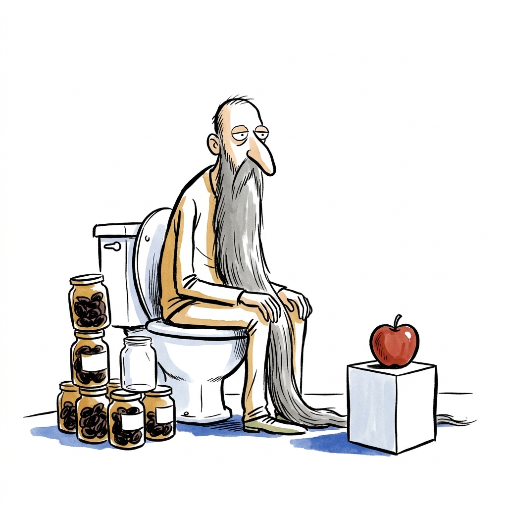 Line-drawn cartoon of the same long-nosed man, still seated, now with a beard trailing across the floor beside a stack of prune jars, staring at a single apple on a plinth in front of him.