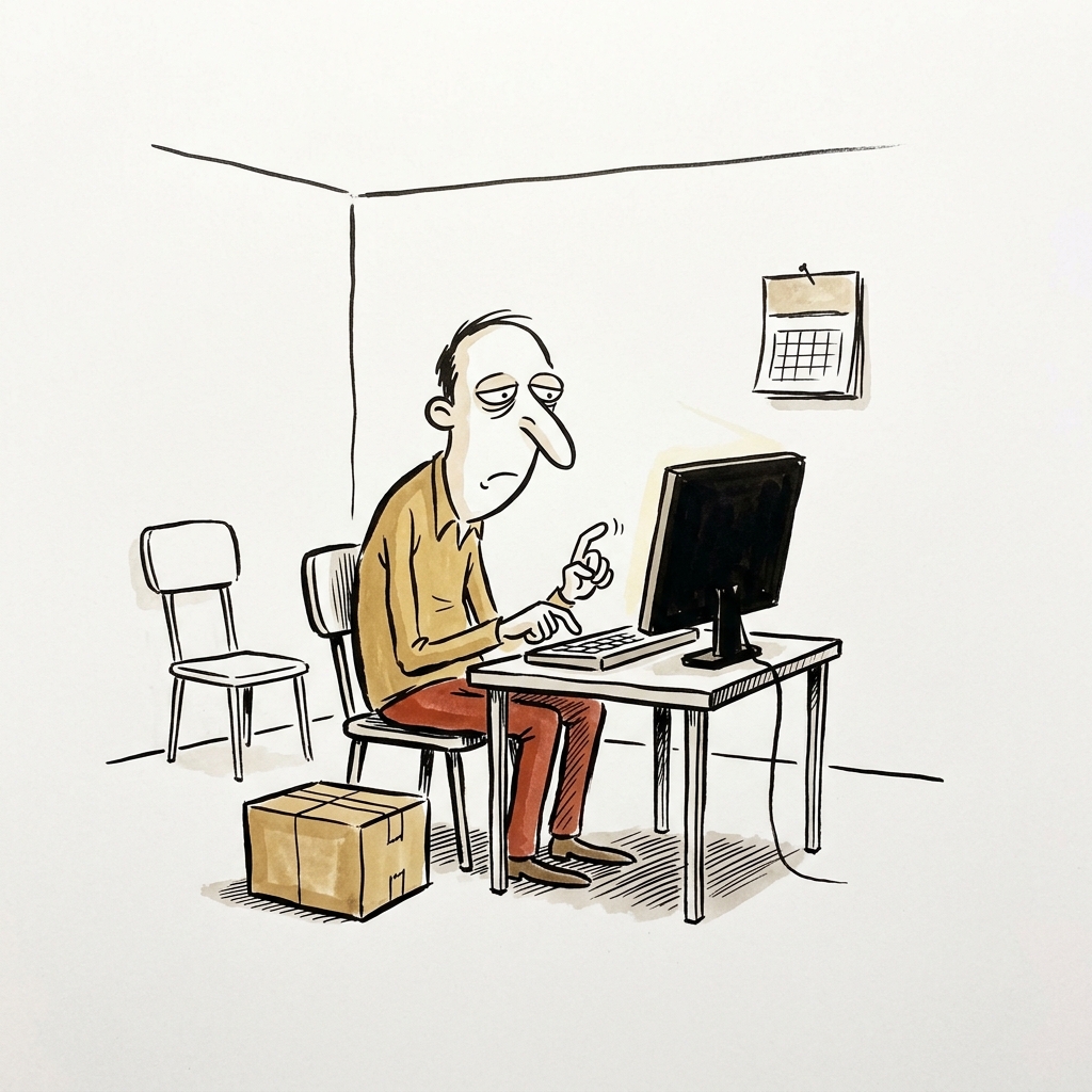 Line-drawn cartoon of a man at a desk with a terminal open, one finger raised above the keyboard and an unopened parcel on the floor