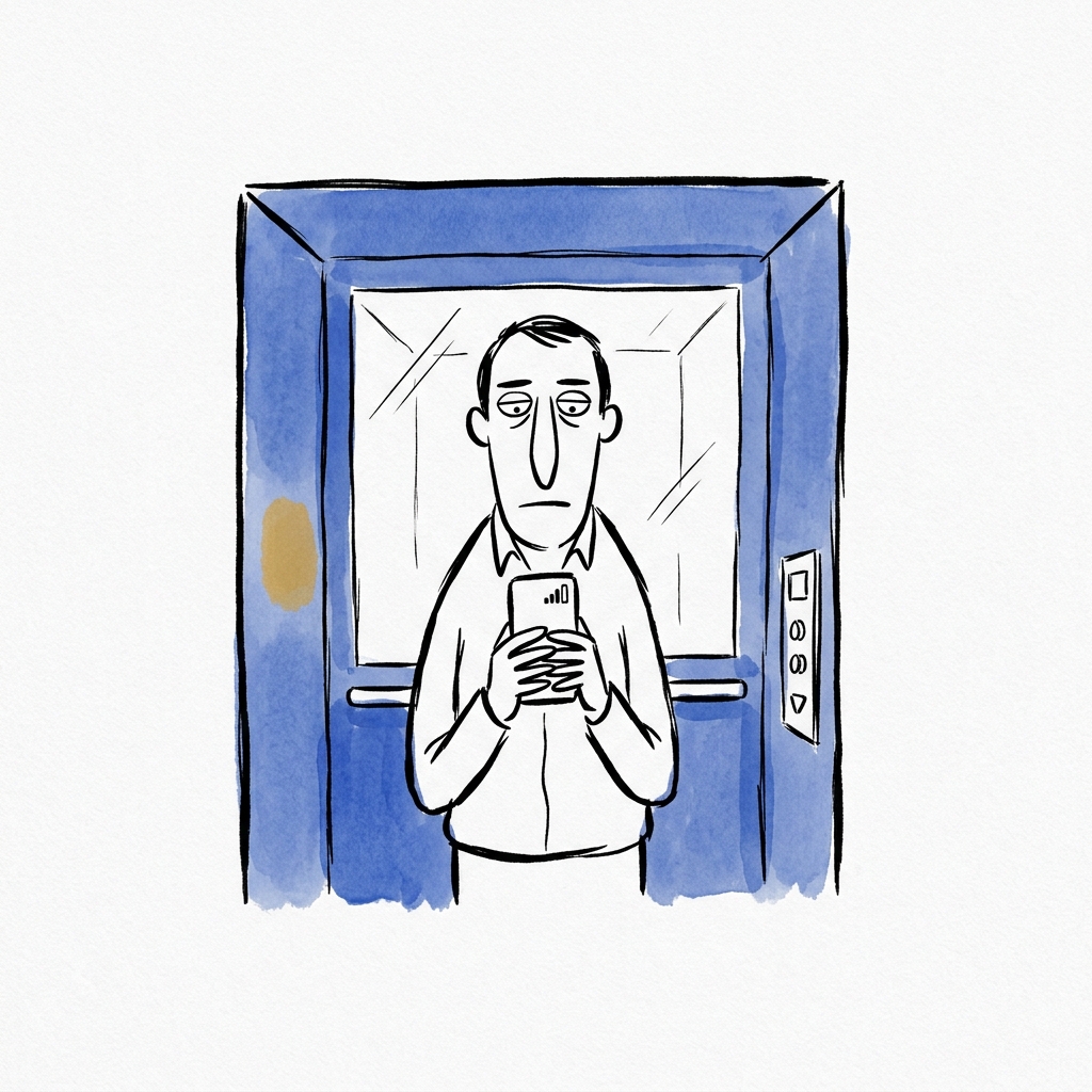 Line-drawn cartoon of a man in a lift holding a phone with no signal
