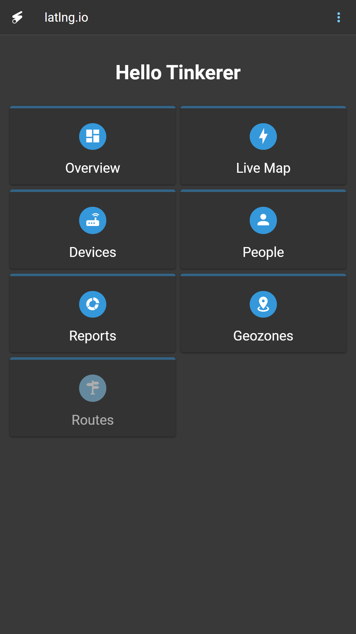 Dark-themed phone screenshot headed Hello Tinkerer, showing a grid of tiles labelled Overview, Live Map, Devices, People, Reports, Geozones and a greyed-out Routes.